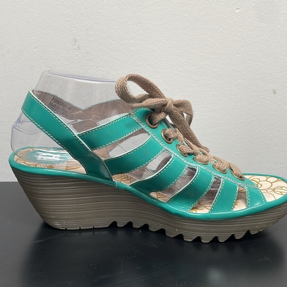 Fly London Yito Wedge Platform Sandals Laces Open Toe Turquoise Blue 9.5 10 (41) - Picture 4 of 14